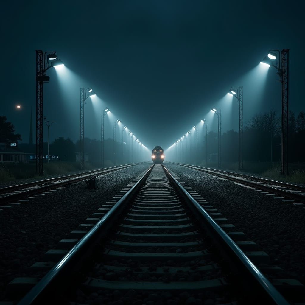 Night Railway Illuminated by LED Luminaires in Gloomy Weathe...