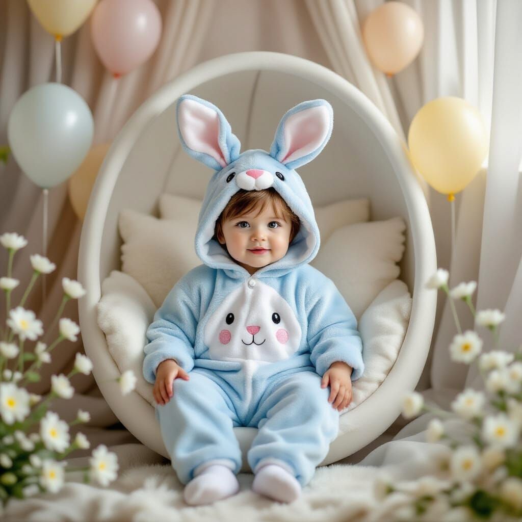 Child in Bunny Costume in Egg Chair with Flowers