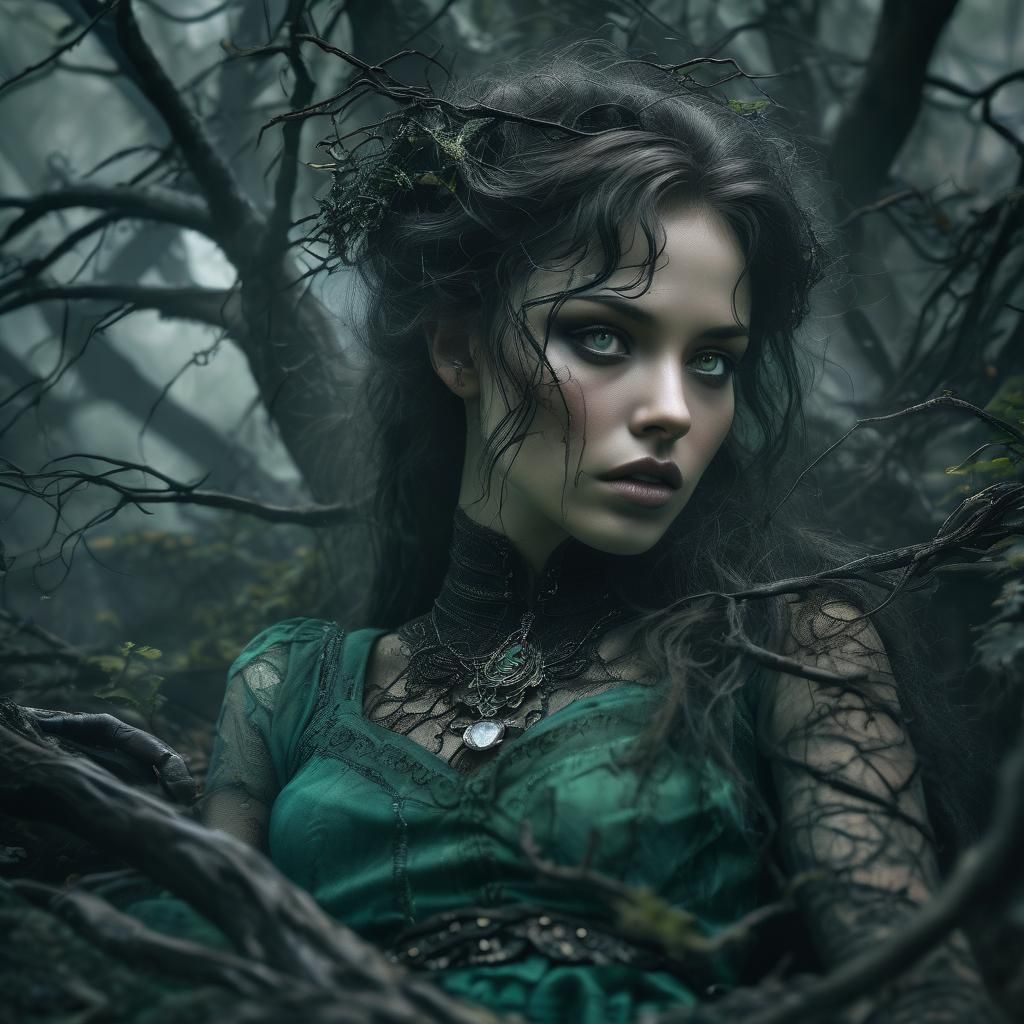 Dark Fantasy Sorceress in Enchanted Forest