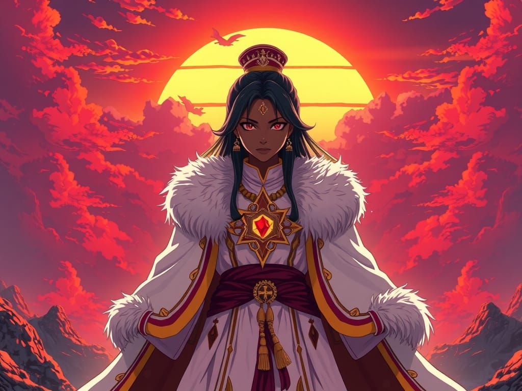 Epic Anime Goddess in Vibrant Sunset