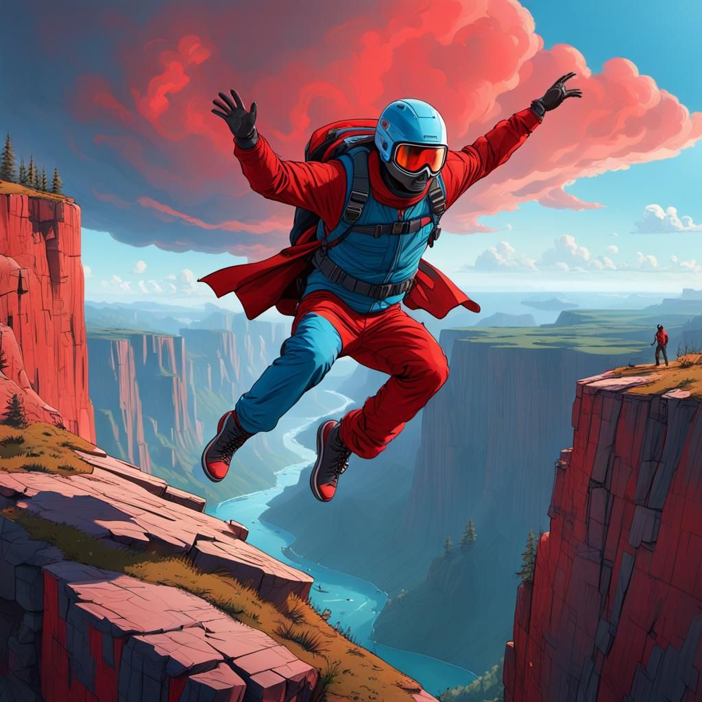 Base Jumper Leaps in Fantasy Landscape