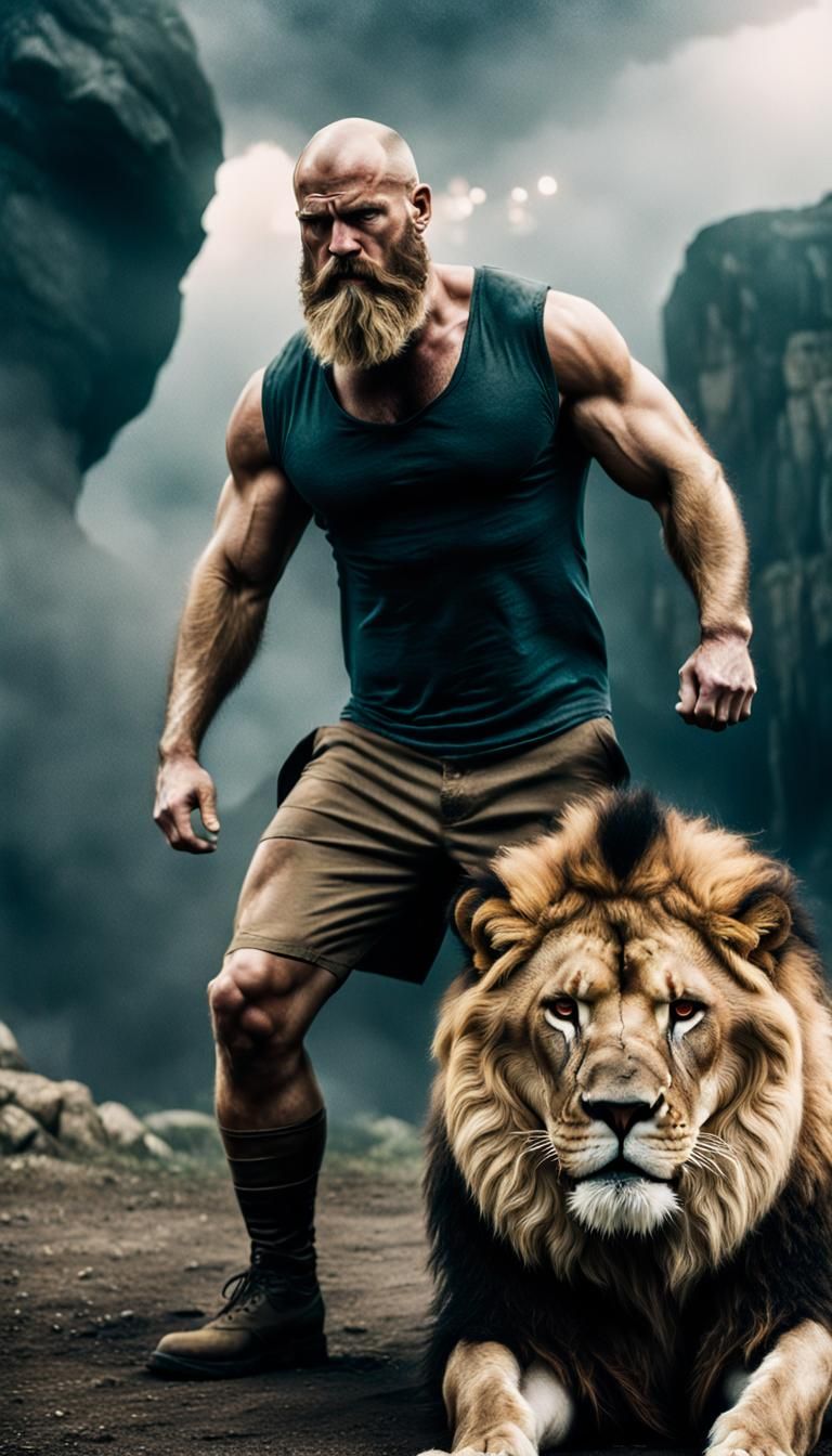 Epic Film Still: Slavic Man Dominates Lion