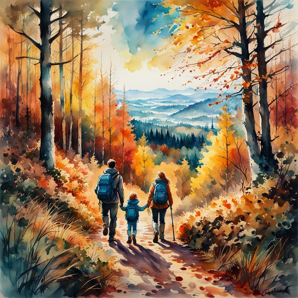 Family Hiking on Autumn Trail, Stylized Watercolor Art