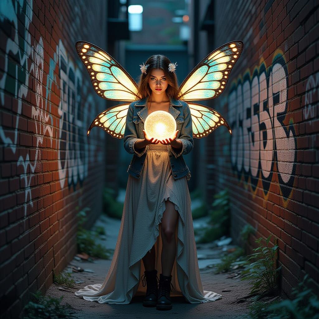 Fairy with Glowing Orb in Dilapidated Alleyway