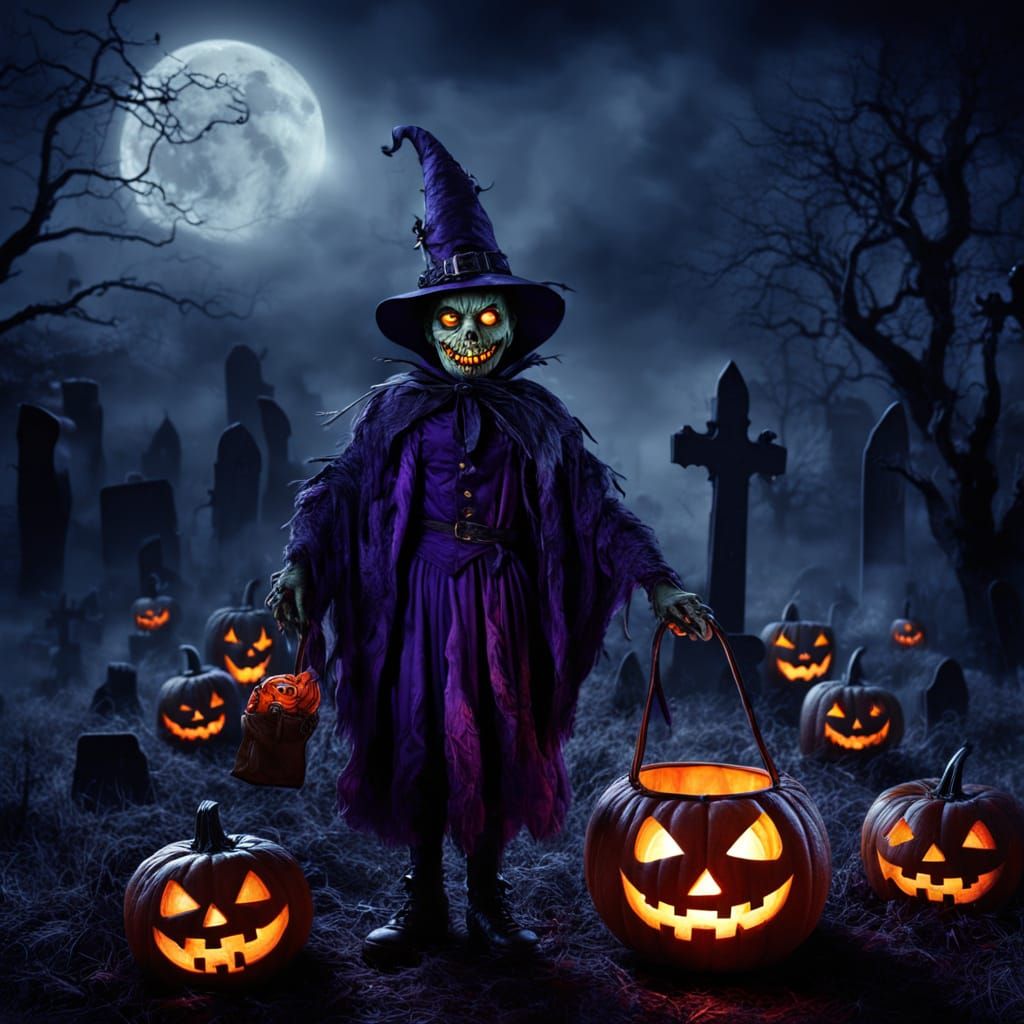 Eerie Halloween Jack-o'-Lantern in Moonlit Graveyard
