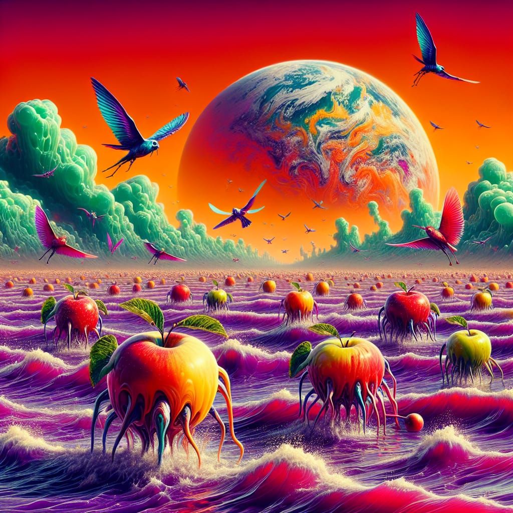 Hyperrealistic Earth Dominated by Walking Apples