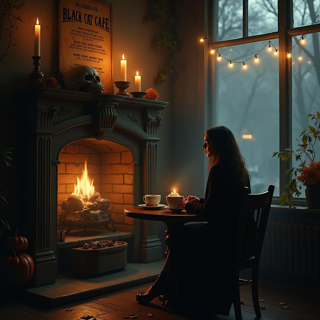 Cozy Cafe Scene with Mystical Ambiance