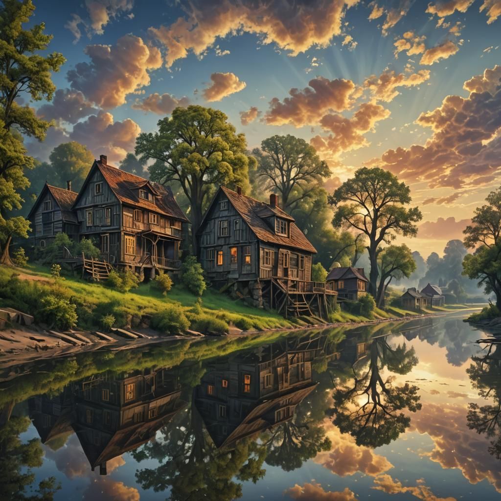 Sunrise River Landscape with Fractal Clouds