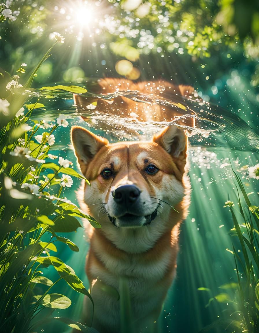 Shiba Inu Paddling in Summer Sunbeams
