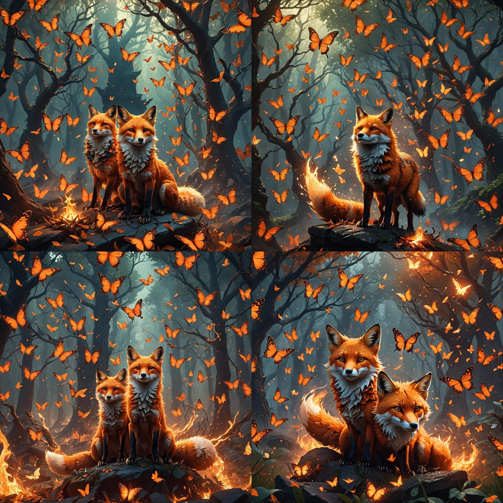 Fiery Magic Fox with Butterflies, Fantasy Concept Art