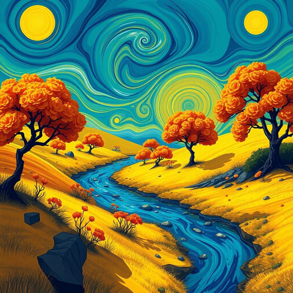 Surreal Fantasy Landscape with Winding River and Vibrant Blo...