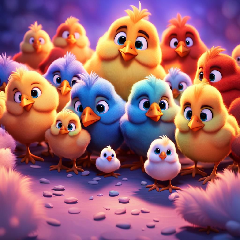 Chirping Chicks Under Mother Hen: 3D Digital Art