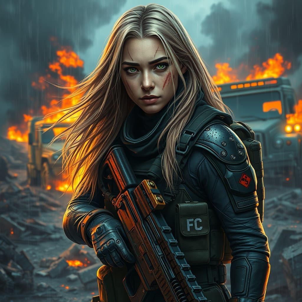 Hyperrealistic Military Woman on Battlefield