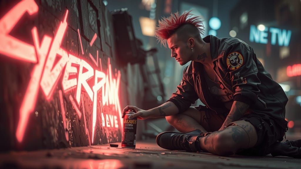 Cyberpunk Graffiti Artist in Neon City Alley