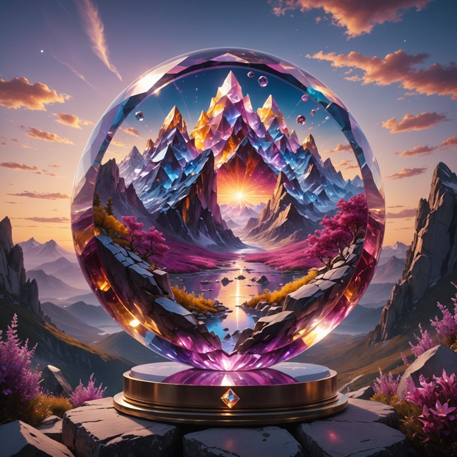 Ethereal Crystal Goddess Amidst Ruby Sunset Horizon