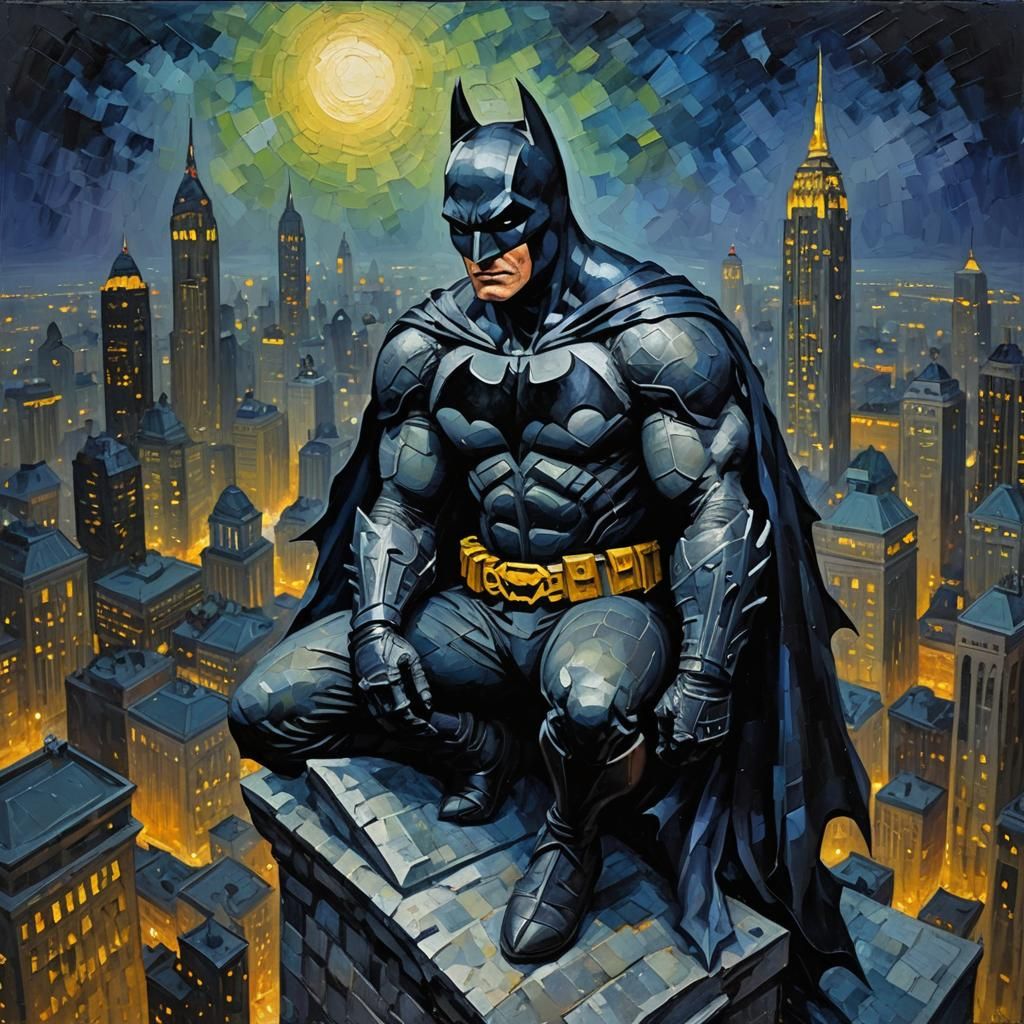 Batman on Gargoyle: Neo-Impressionist Oil Painting