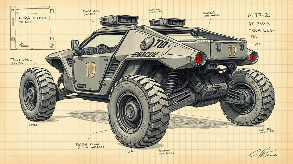Futuristic Military Off-Road Buggy in Technical Drawing Styl...