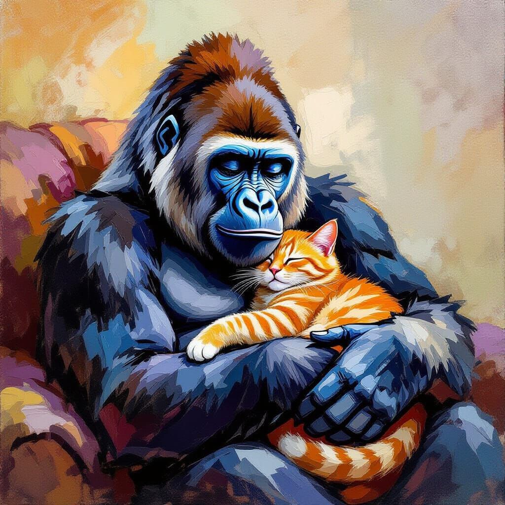 Impressionist Gorilla Cradles Sleeping Cat