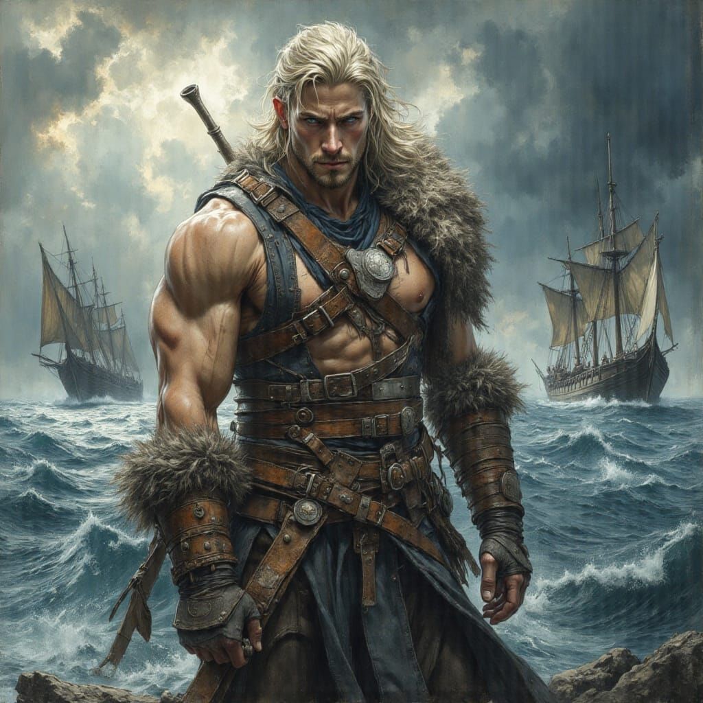 Viking Warrior on Stormy Seas as Impasto Painting