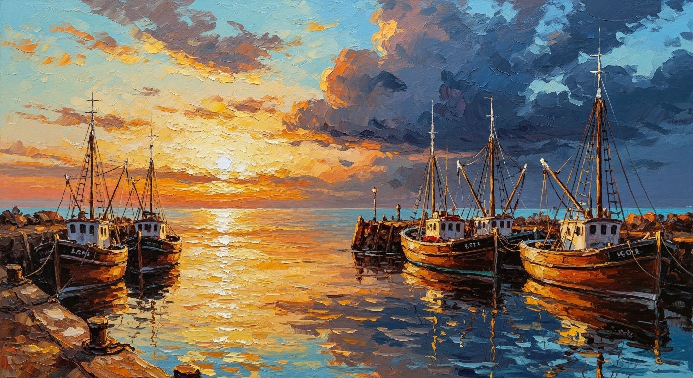 Sunset Fishing Harbor in Impasto Oil Style