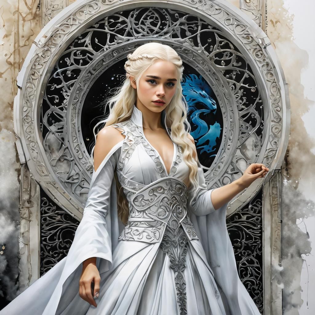 Daenerys Targaryen in White Gown, Alcohol Ink Art