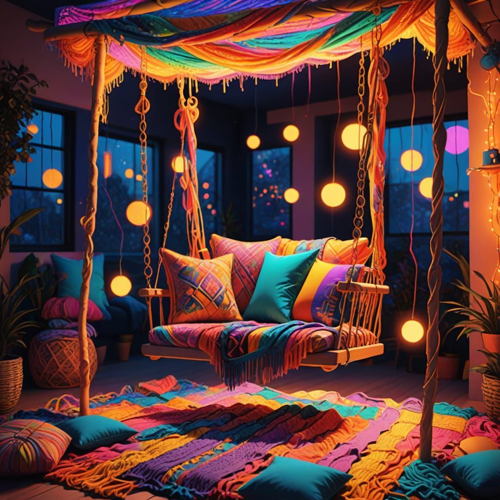 Whimsical Swing with Glowing Lights in Fauvism Style