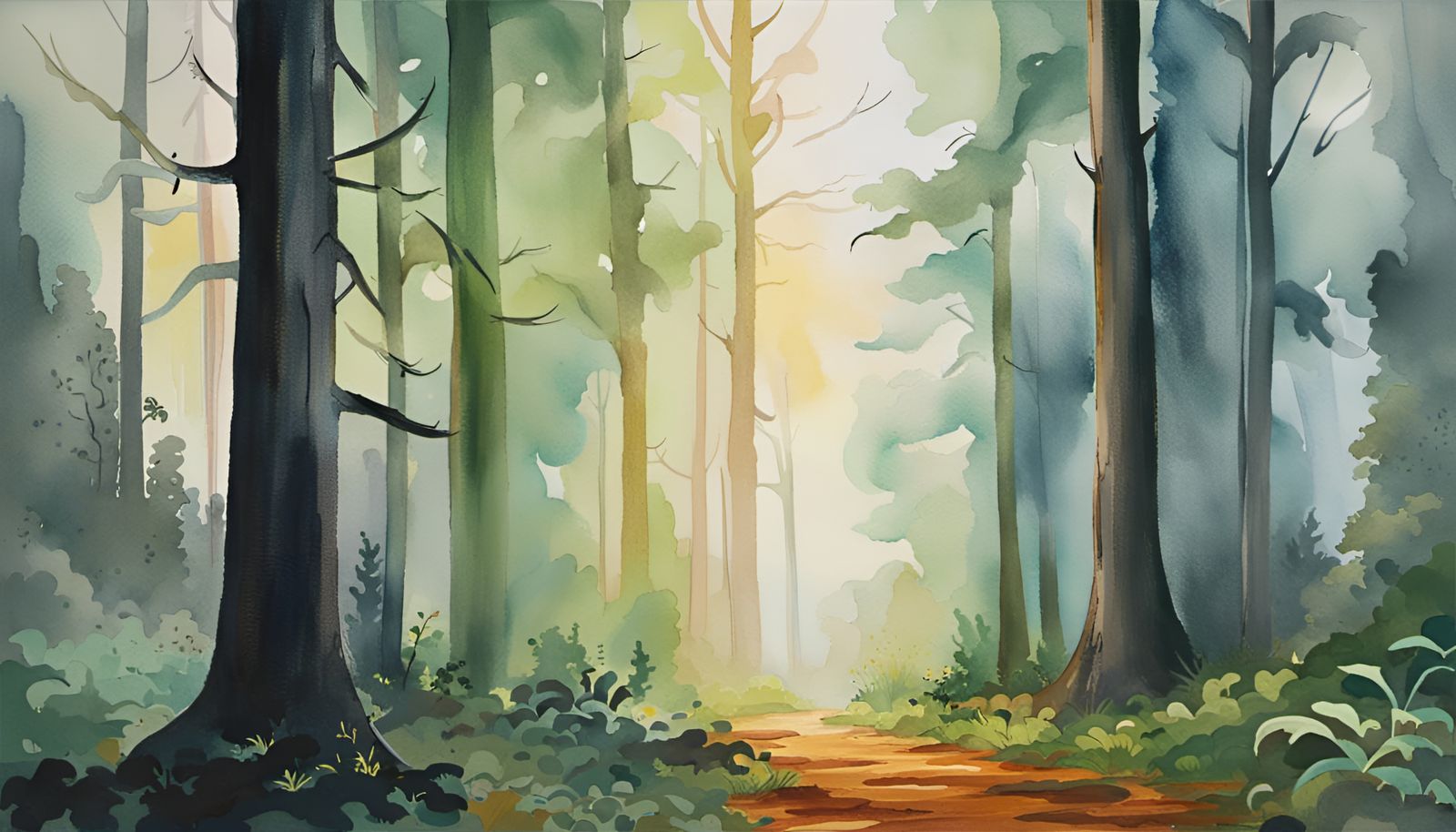 Misty Forest Watercolor Painting in Gouache Style