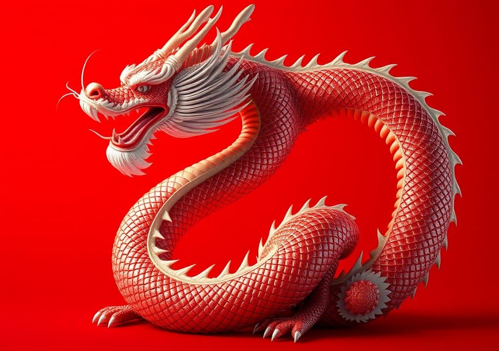 Majestic Chinese Dragon on Red Background in 8k