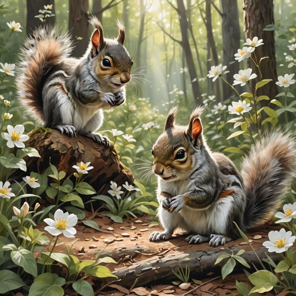 Baby Squirrels Playing in Sunlit Forest