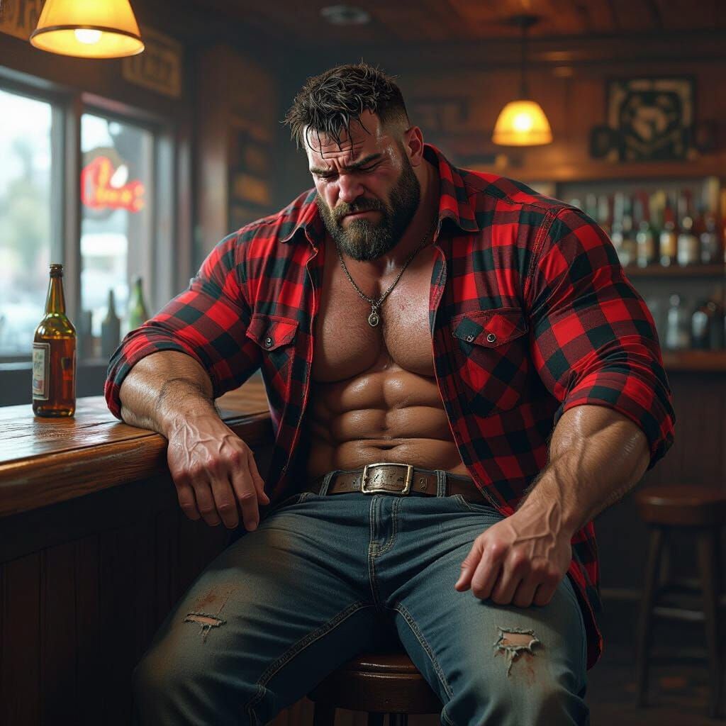 Muscular Bar Owner Crying in Dramatic Cinematic Style