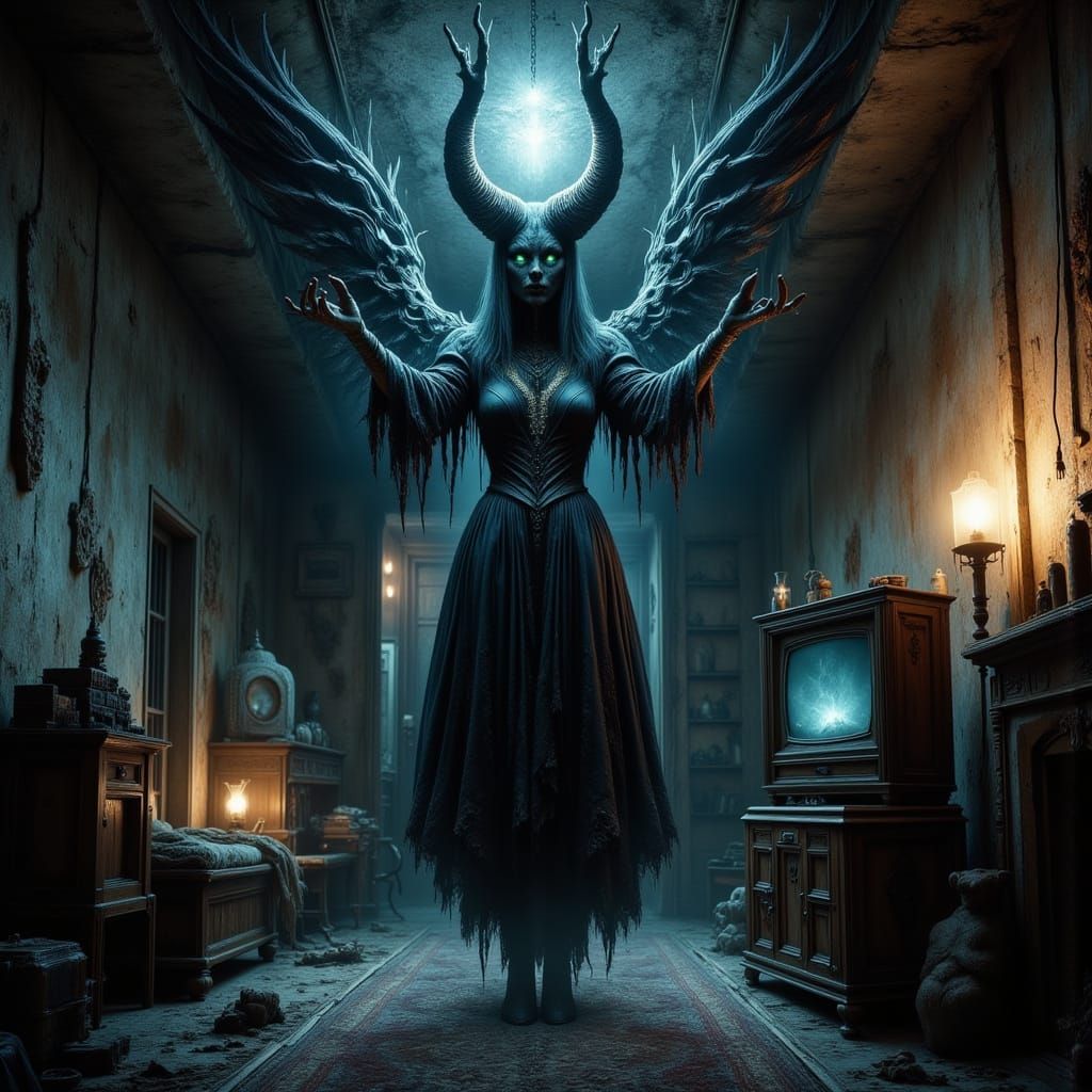 Dark Queen Emerging from TV into Apartment, Horror Style