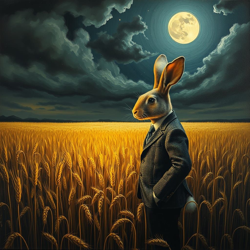 Rabbit Contemplates Wheat Field: Surreal Impasto Art