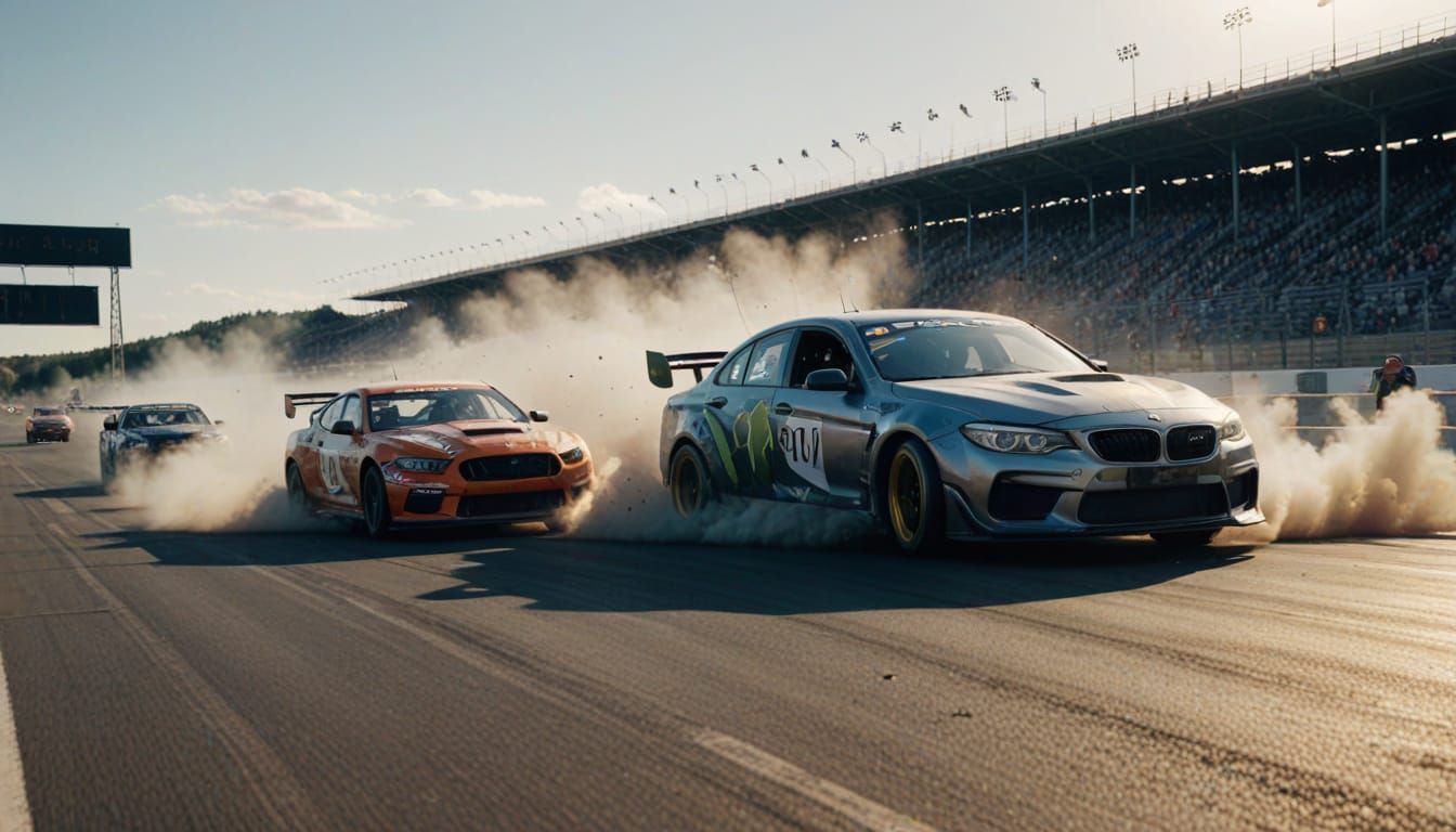 Cars Crashing on Racetrack in Hyperrealistic Photo