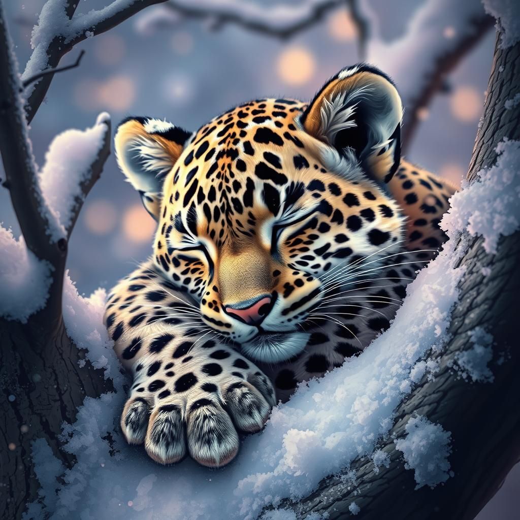 Adorable Baby Leopard Sleeping in Snowy Tree