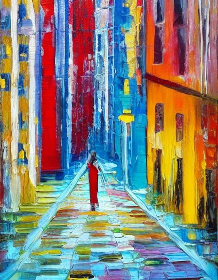Vibrant Cityscape Woman in Abstract Oil Painting