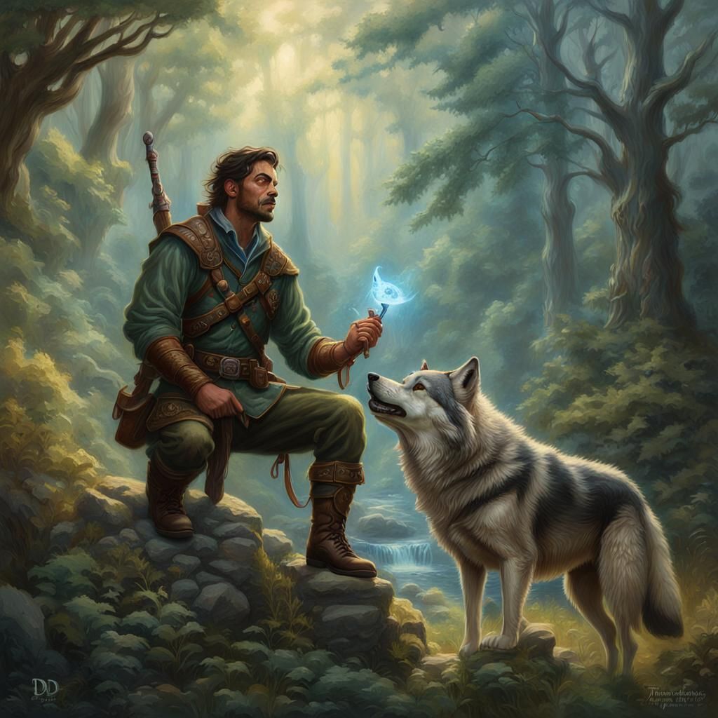 Ethereal D&D Ranger with Wolf in Hyperdetailed Fantasy