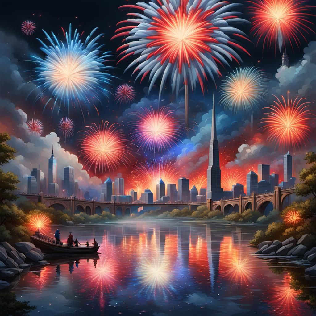 Reverse Glass Painting of 4th of July Fireworks
