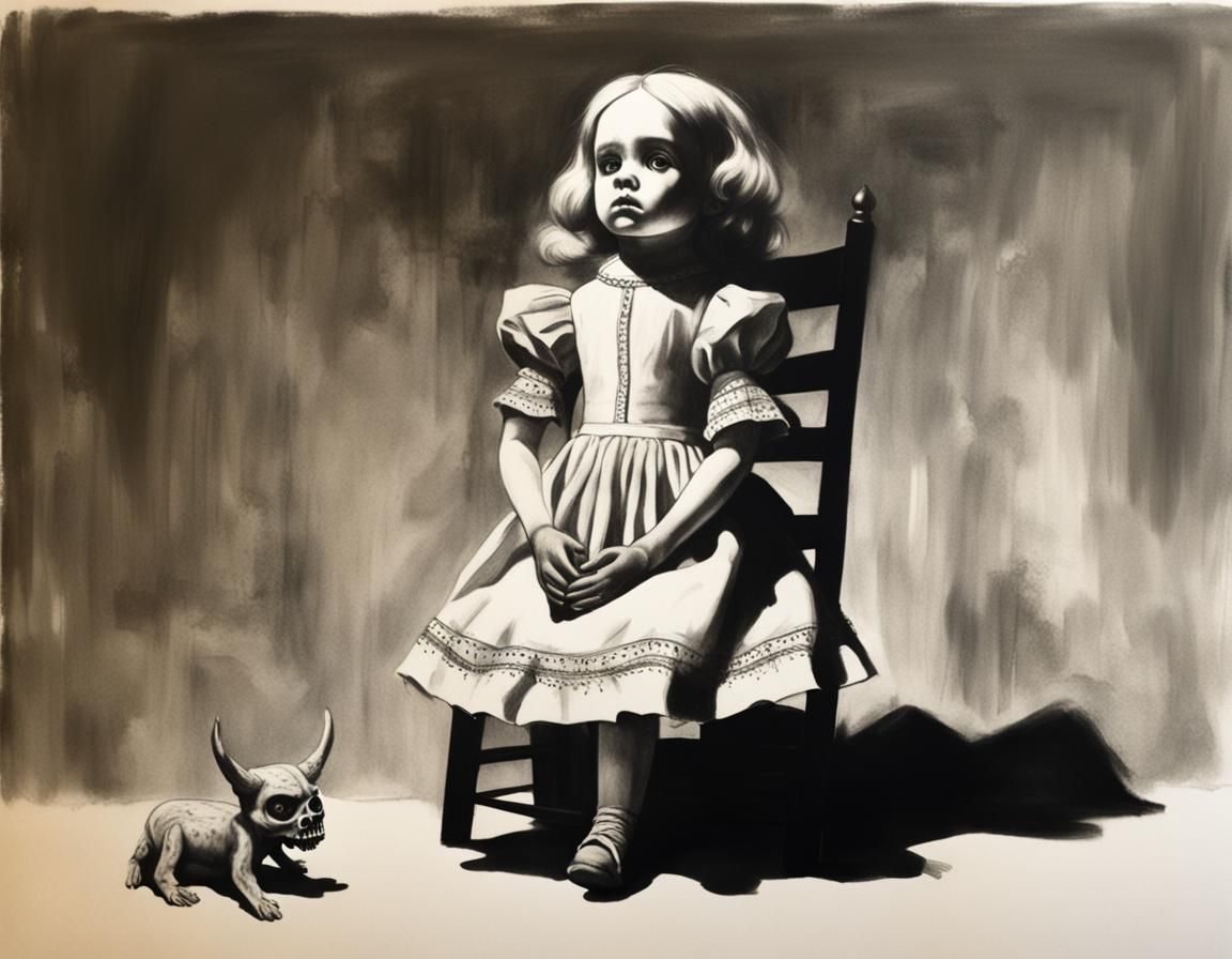 Sinister Charcoal Drawing of a Broken Doll