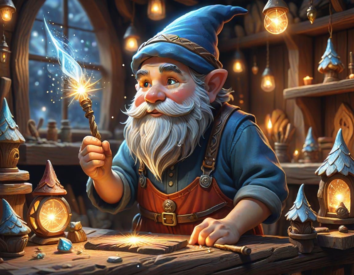 Gnome Craftsman Creates Magic Wand in Cozy Workshop