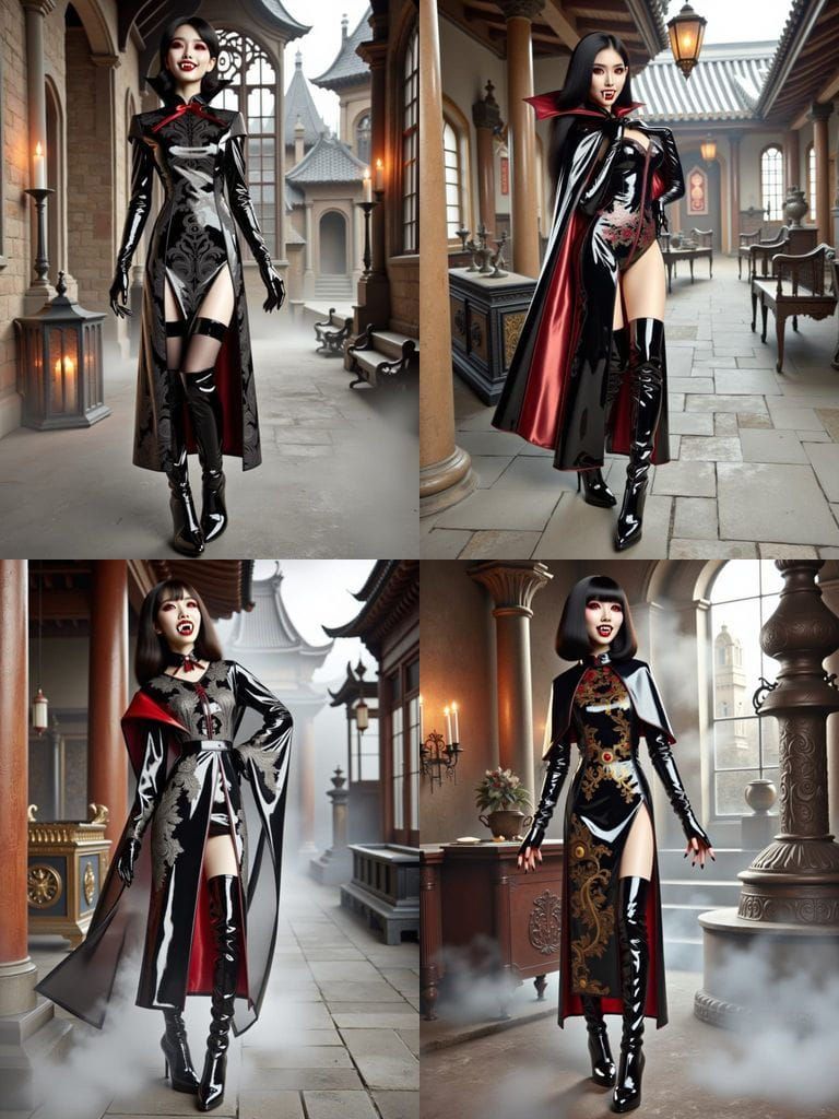 Asian Vampire Goddess in Black Patent Leather Cheongsam