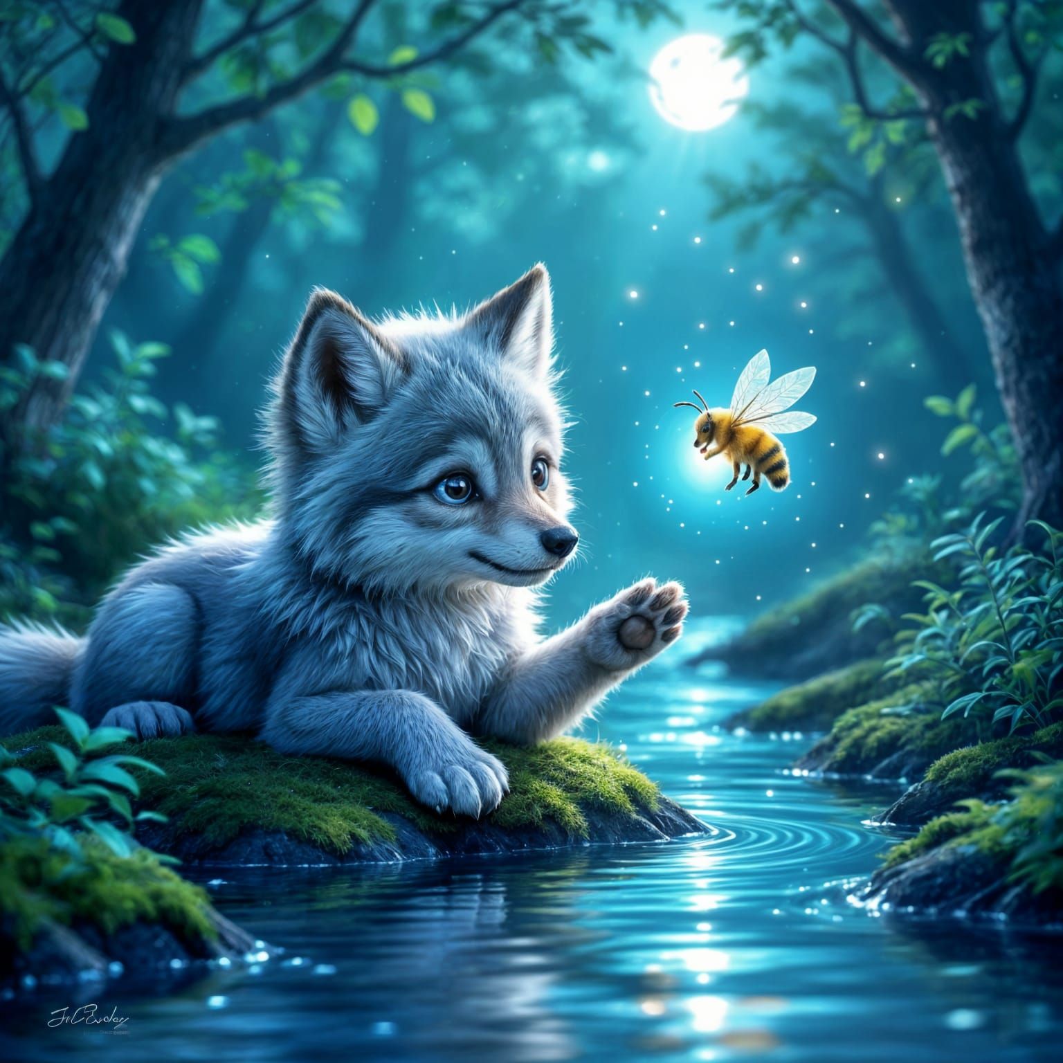 Wolf Cub Reaches for Magical Bee in Enchanted Forest
