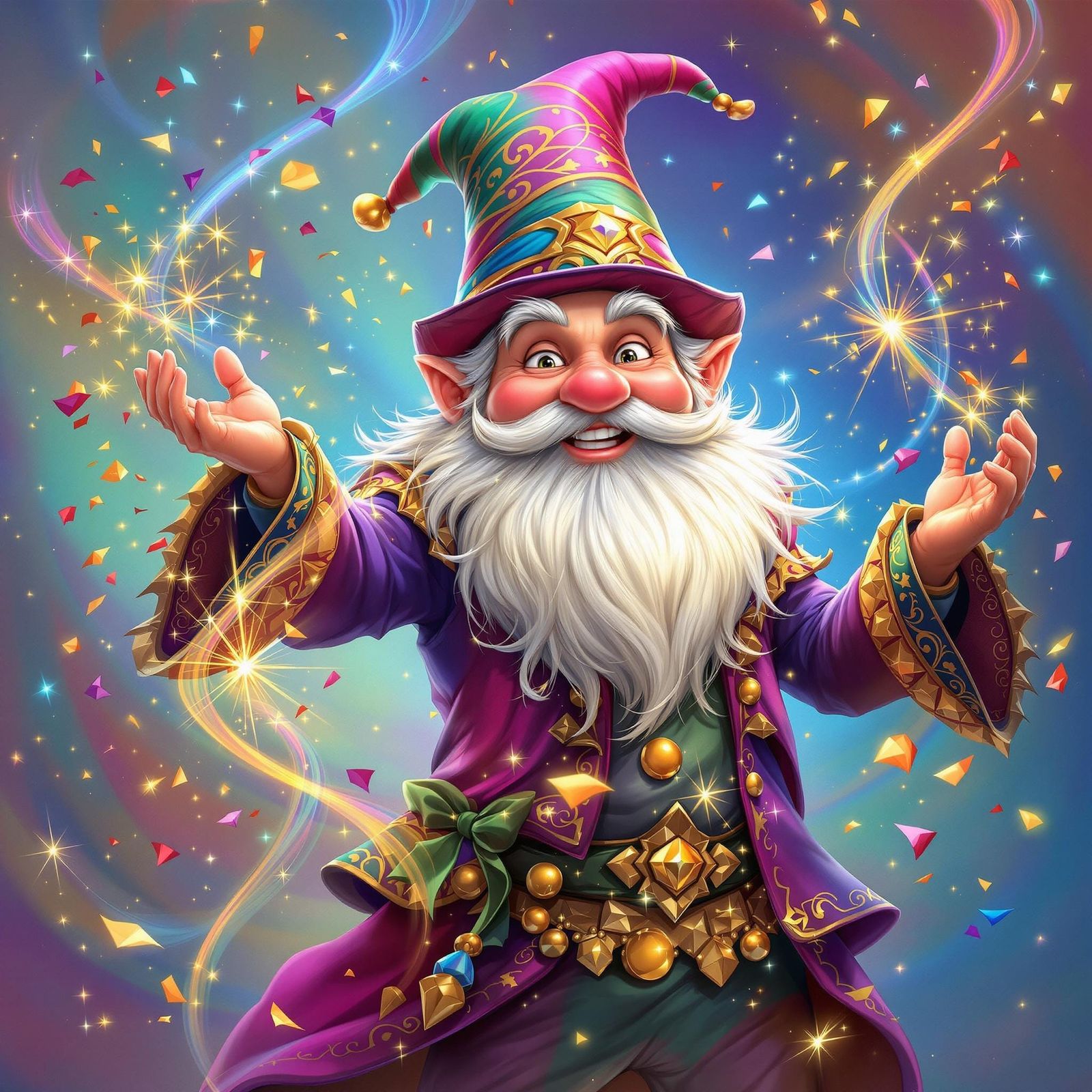 Whimsical Gnome Illusionist in Vibrant Fantasy Setting