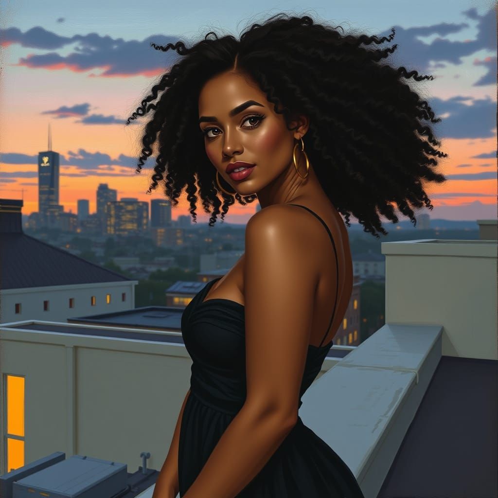 Woman Poses on Rooftop Overlooking City Skyline at Dusk