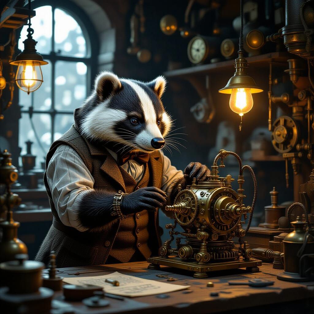 Steampunk Badger Tinkerer with Brass Automaton