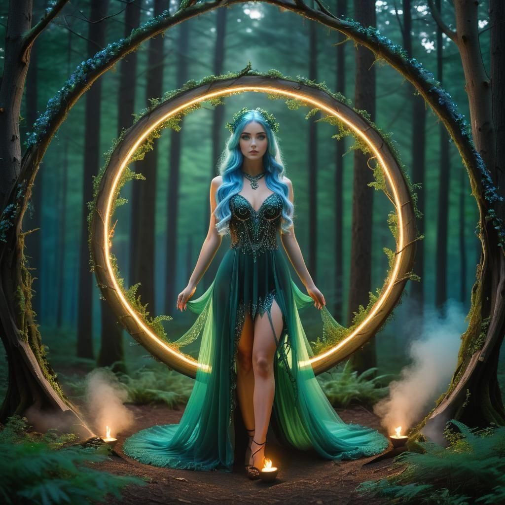 Silver-Blue Haired Woman in Forest at Dusk