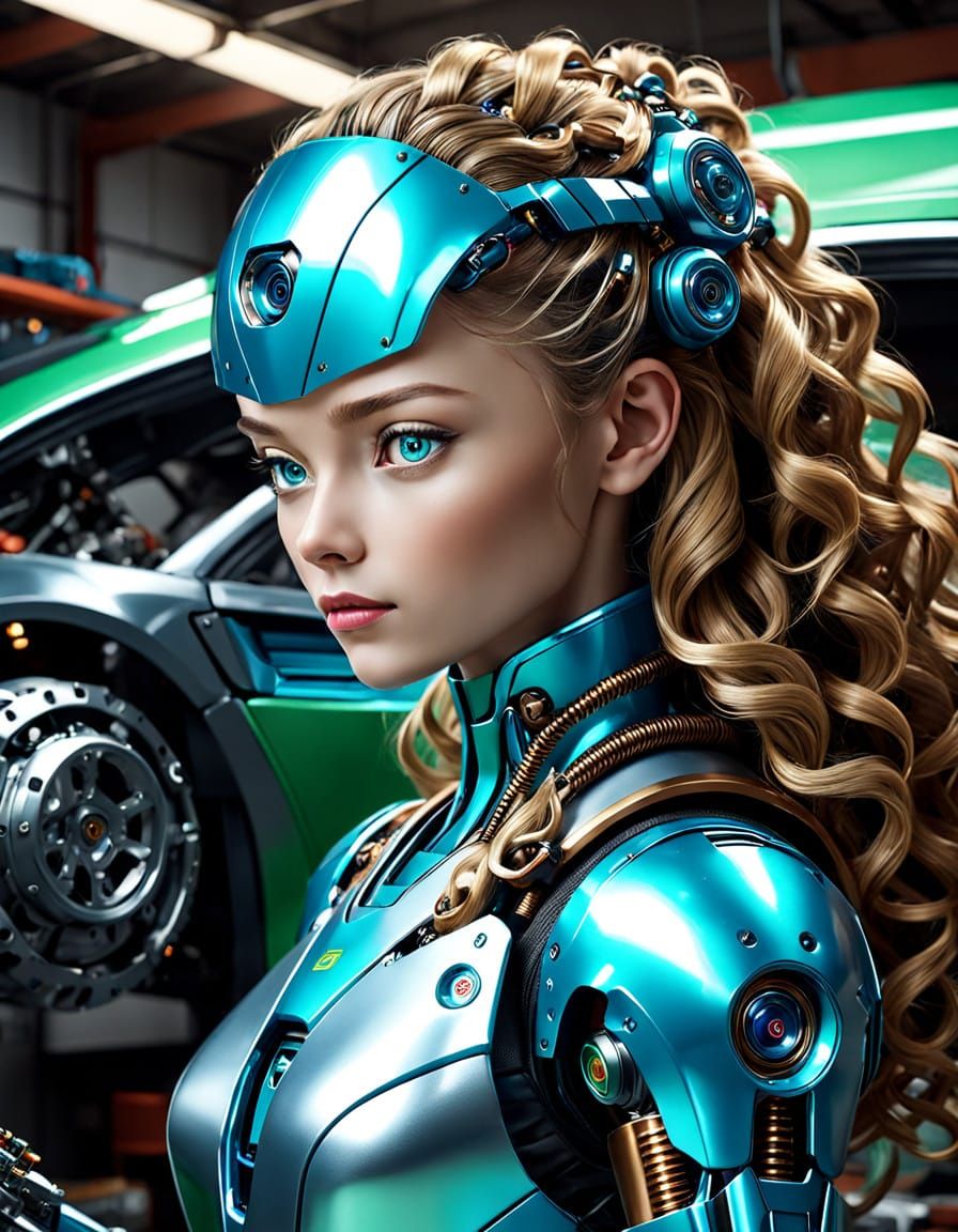 Cyberpunk Goddess in Metallic Blue and Bronze Armor