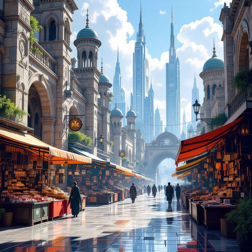 Old Marketplace Meets Future in Hyper-Detailed Watercolor