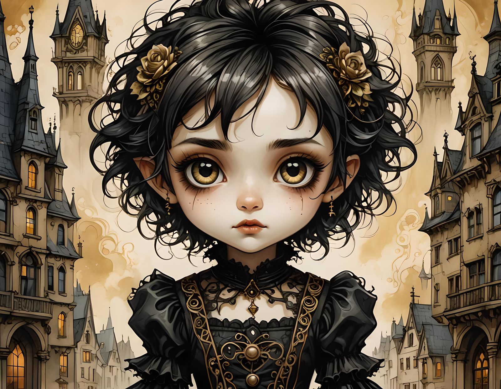 Chibi Pixie in Gothic-Noir Victorian City