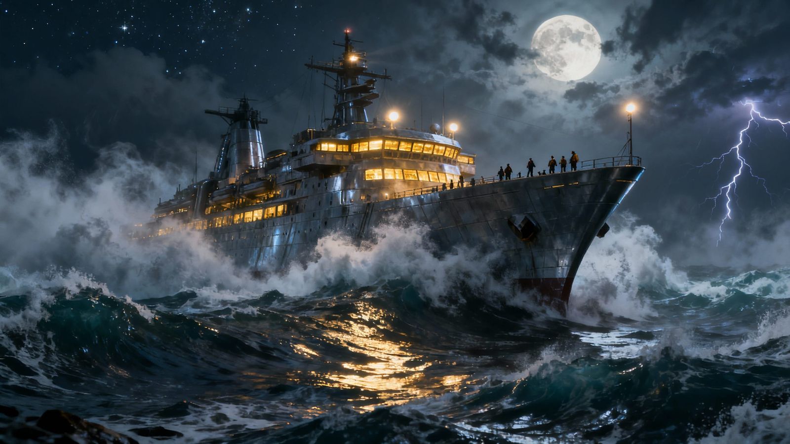 Colossal Futuristic Ship Battles Storm at Night