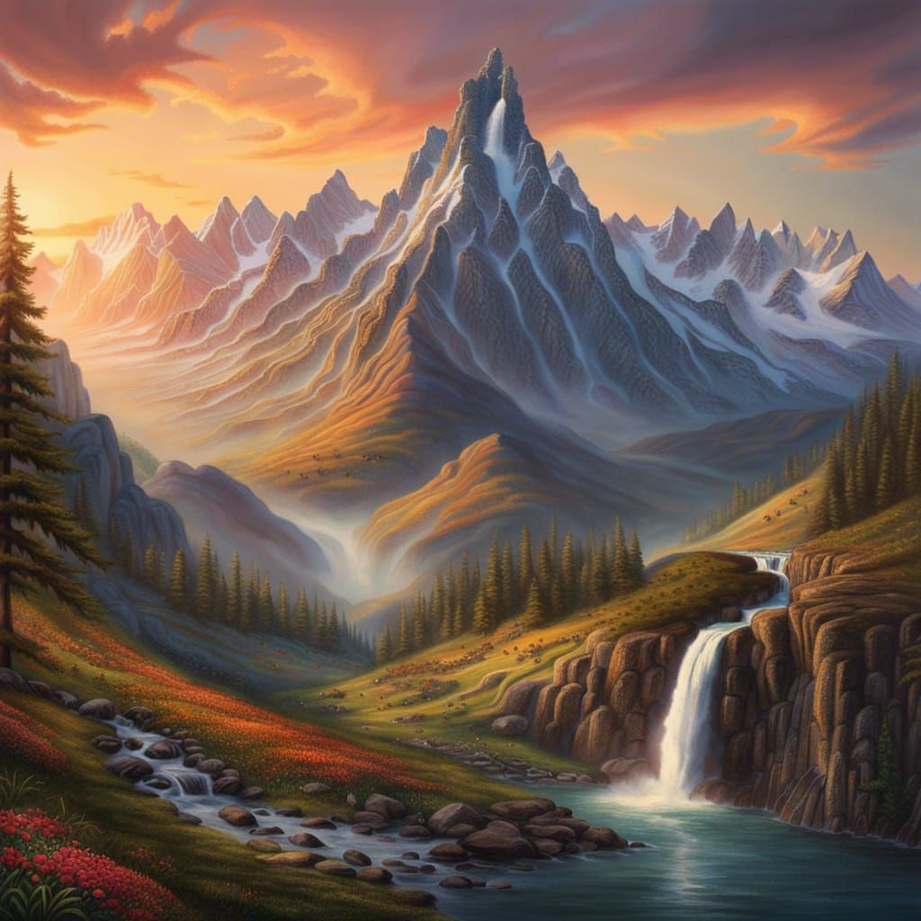 Whimsical Waterfall in Mountainous Panorama